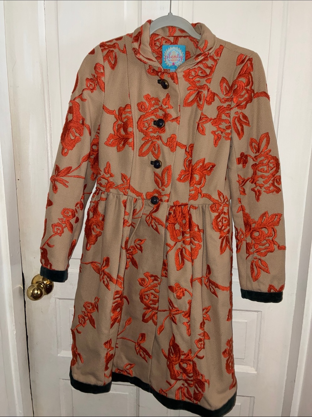Plenty by Tracy Reese Tan Coat with Orange Floral Embroidery Sz 2